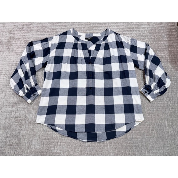 J.Crew Tops - J.CREW Navy White Buffalo Plaid Cotton Popover Blouse Size Small